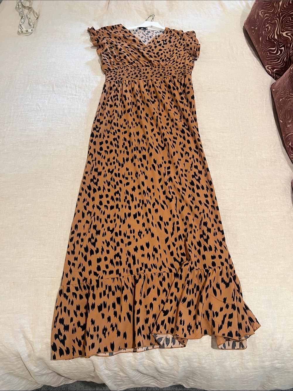 Womens Tan Animal Print Maxi Dress with Ruffle Hem